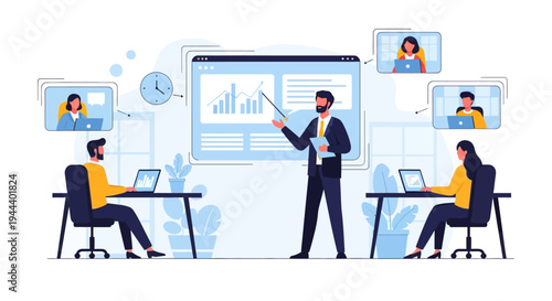 Hybrid Business Meeting Illustration: Team Collaborates On-site & Remotely for Data Presentation & Strategic Planning. Virtual Conference & Office Work Concept.