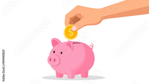 Hand Putting Gold Coin into Pink Piggy Bank – Savings and Financial Growth Vector Illustration