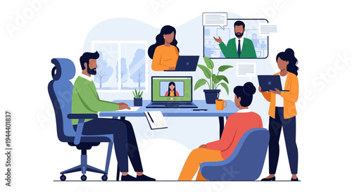 Hybrid Meeting: Diverse Team Collaborates In-Person & Remotely via Video Conference
