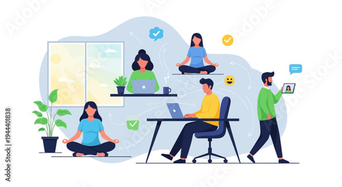 Work-Life Balance & Mindfulness: Diverse Employees Working and Meditating for Well-being in the Modern Workplace