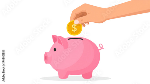 Hand Putting Gold Coin into Pink Piggy Bank – Savings and Financial Growth Vector Illustration