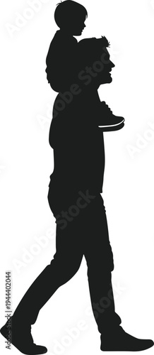 Dad carrying child on shoulders silhouette walking profile view father daughter