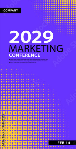 Modern purple vertical technology banner. High-quality abstract design with yellow halftone textures, ideal for digital marketing seminars, online conferences, and creative business event promotion.