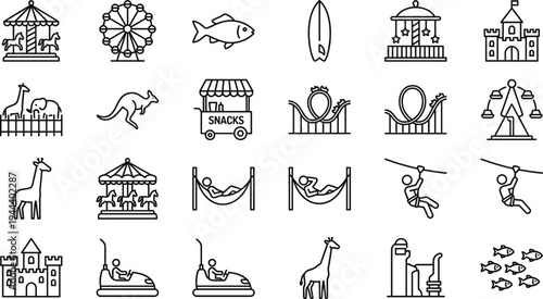Amusement Park and Recreation Outline Icon Set with Carousel, Ferris Wheel, Roller Coaster, Surfboard, Castle, Giraffe, Snacks Cart and Adventure Activities