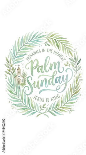 Circular green palm frond wreath with elegant Palm Sunday lettering and Hosanna text, perfect for Christian religious social media banners and cards on a clean transparent background.
