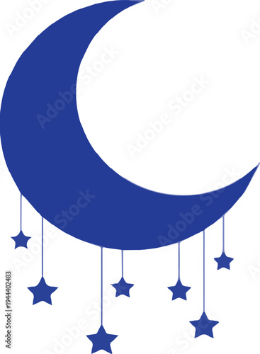 Simple Blue Crescent Moon with Hanging Blue Stars on White Background Keywords: crescent moon, blue, stars, hanging