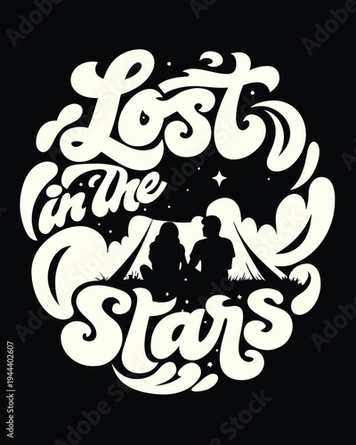 Romantic couple stargazing by a tent under a beautiful night sky with flowing Lost in the Stars typography