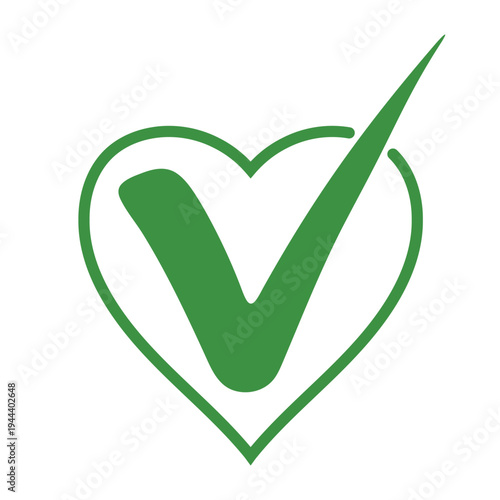 Green checkmark inside heart outline vector healthcare approval verification symbol