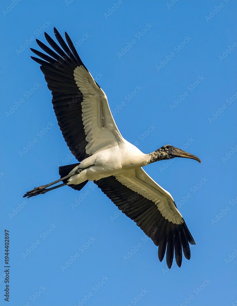 Obraz premium Wood Stork in Flight - A Majestic Bird Against a Clear Blue Sky.