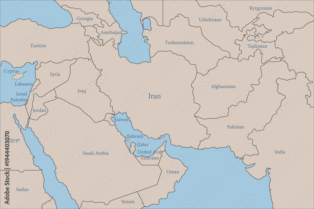 Fototapeta premium Iran map and neighboring countries vector flat design middle east region illustration geography background