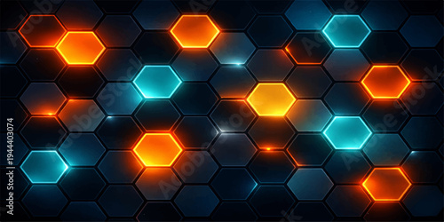 Vibrant Hexagon Grid: An eye-catching pattern of interconnected hexagonal cells glows with vibrant orange and teal light against a dark background, creating a futuristic and tech-savvy design.