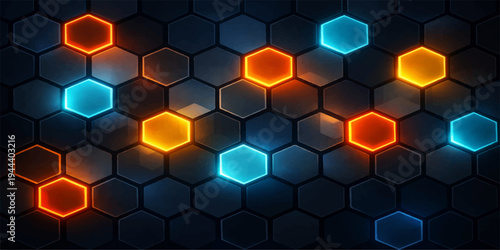 Hexagonal Technological Symphony: An artistic display of illuminated hexagons forms a futuristic mosaic, evoking a sense of technological advancement and interconnectedness.
