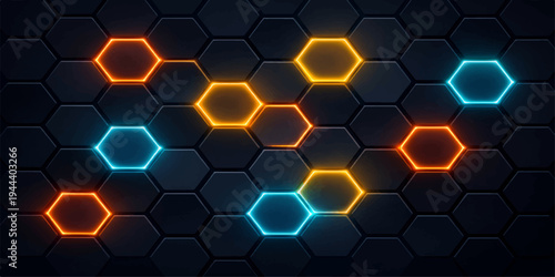 Glowing Hexagons: A striking composition of glowing orange and blue hexagons creates a futuristic and abstract visual, illustrating interconnectedness and technological advancement.
