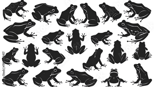 Black Frog Silhouette Icon Set – Jumping and Sitting Toad Poses