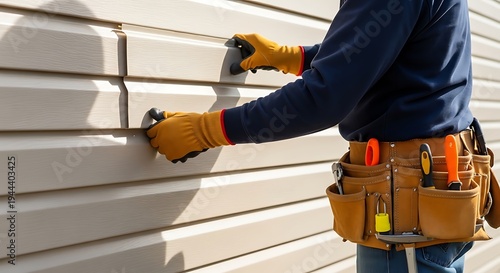Worker installing beige vinyl siding panels on exterior residential home wall