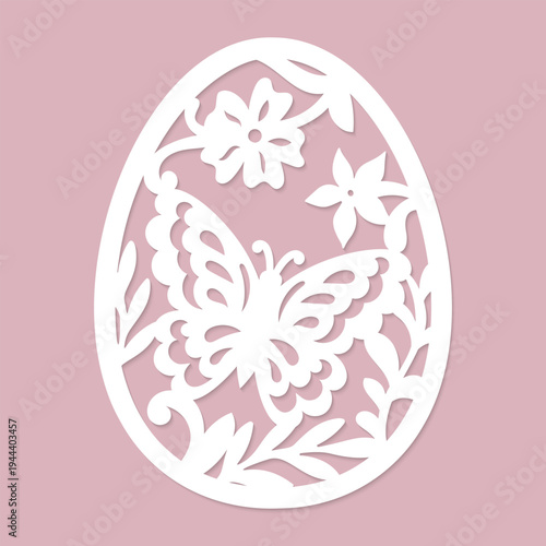 Intricate laser cut easter egg template with butterfly and spring flowers for greeting cards