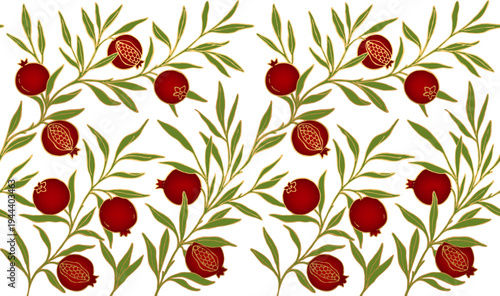 Horizontal seamless background with branches of pomegranates on white. Vector Illustration.