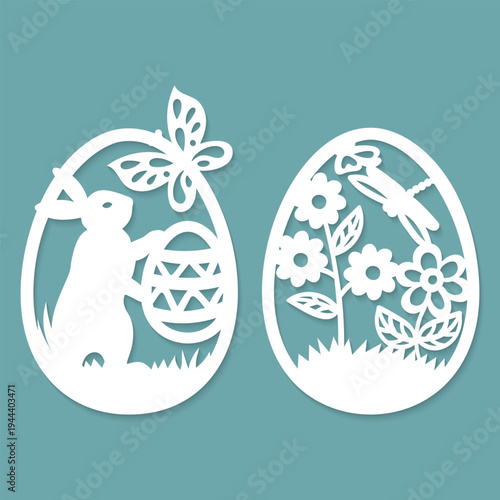 et of two laser cut easter egg templates with bunny and butterfly for festive labels and stickers