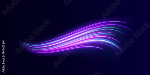 Glowing streaks of blue and purple flow like liquid energy. Motion blur emphasizes rapid movement and speed. Ideal for digital and cyberpunk visuals.