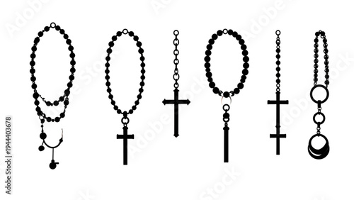 Rosary Beads Silhouette Set with Holy Cross – Religious Prayer Necklace Vector Illustration