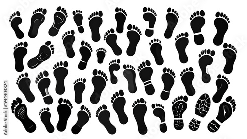 Human Footprints and Shoe Sole Silhouette Set – Forensic Investigation Vector Elements