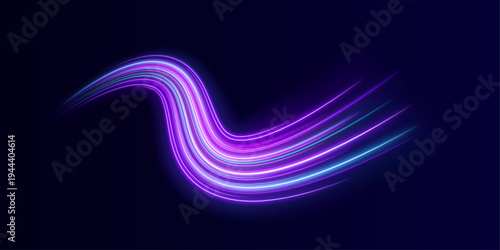 Purple and blue neon ribbons twist across a dark background. Motion blur emphasizes fast kinetic energy. Perfect for futuristic tech and city designs.