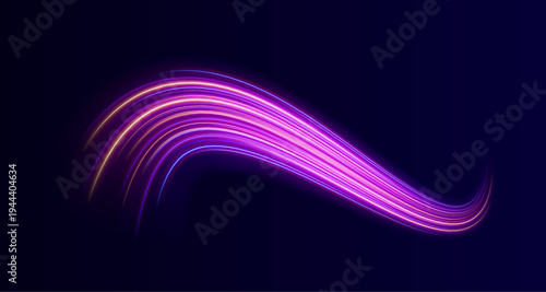 Pink and purple neon streaks twist in continuous motion. Motion blur enhances speed and kinetic energy. Ideal for futuristic and cityscape visuals.