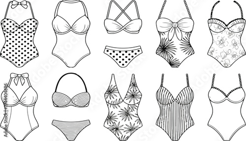 Black and white women swimwear illustration set featuring one piece and bikini designs with stylish patterns and fashion elements