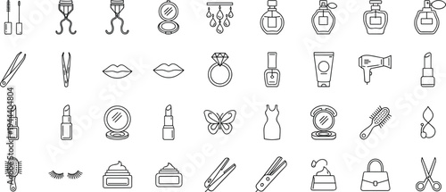 beauty, cosmetics, line, icons, collection, makeup, skincare, accessories, fashion, salon, minimal, outline, vector, grooming, lifestyle, personal, care, products, design, set