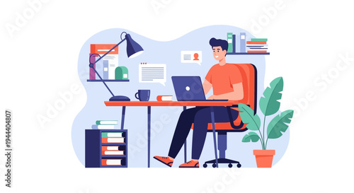 Happy Young Man Working Remotely on Laptop at Home Office Desk, Flat Vector Illustration of Online Communication and Productivity