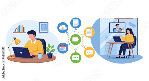 Modern Remote Work & Online Collaboration Concept: People Working from Home, Video Conferencing, and Digital Communication