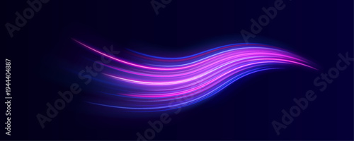 Purple and blue light trails twist dynamically across the frame. Motion blur creates a sense of speed and energy flow. Perfect for cyberpunk or AI backgrounds.