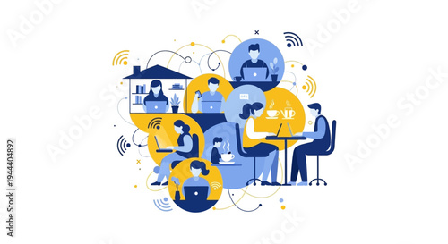 Remote Work & Global Connectivity Illustration: People Collaborating Online from Home & Cafe via Wi-Fi Networks, Modern Flexible Workplace Concept