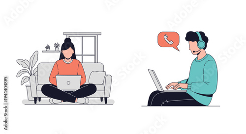 Remote Work & Customer Support Illustration: Individuals Working from Home with Laptops, Representing Online Communication & Virtual Assistance