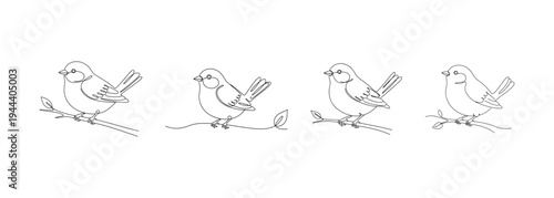 Set of continuous one line drawing of a small bird sparrow sitting on a tree branch nature wildlife concept in minimalist linear style isolated on white