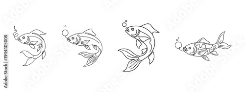 Collection of continuous one line drawing of a jumping fish with water bubbles aquatic underwater life concept in minimalist linear art style for design