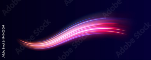 Digital light streams curve across a night cyber landscape. Neon pink and electric blue trails form smooth flowing motion. Modern tech style background with vibrant energy.