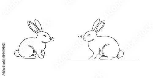 Set of continuous one line drawing of a sitting rabbit bunny hare animal wildlife concept in minimalist linear style isolated on white background vector