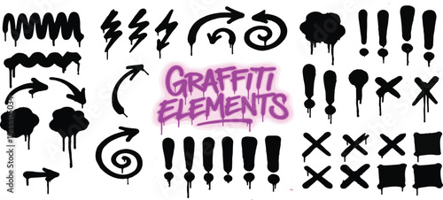 Grunge graffiti spray paint elements, ink splatters and drips. Urban street art blots, circles with drips.