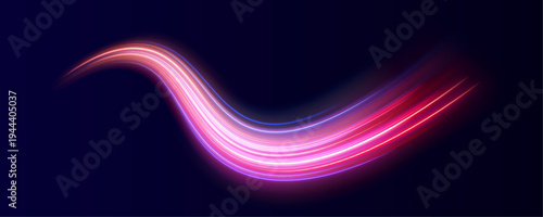 Pink and red light trails twist across a dark background. Motion lines suggest speed and kinetic energy. Perfect for cyberpunk or digital visuals.