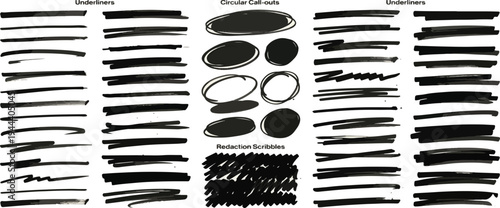 Marker pen underline and strikethrough strokes. Hand drawn collection of different scribble lines and brush strokes. Crosses, oval and strikethroughs. Vector black ink illustration of scribbles.