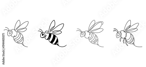 Set of continuous one line drawing of flying honey bees isolated on white background. Minimalist bumblebee vector illustration for organic honey logo.