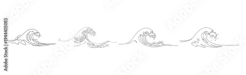 Collection of ocean waves in continuous line drawing style. Minimalist sea wave vector illustration for surfing sports and summer beach vacation theme.