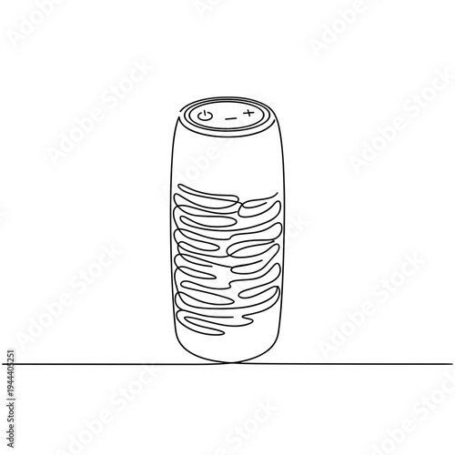 One line drawing of cylindrical smart speaker with voice assistant control buttons and sound waves for smart home automation and music streaming technology
