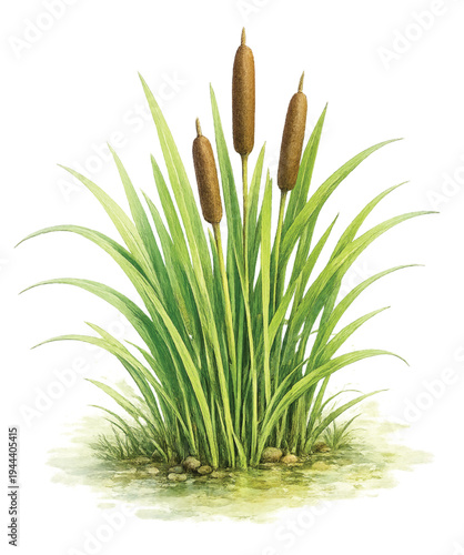 Typha Latifolia Cattail Reed Plant with Brown Seed Pods Watercolor Botanical Illustration Isolated on Transparent Background