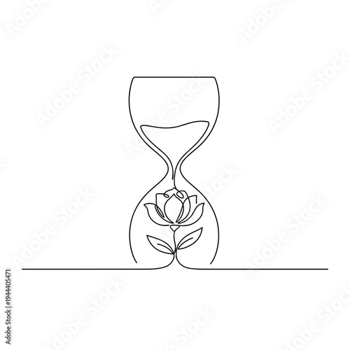 Elegant continuous line art of an hourglass with a blooming flower inside representing time management growth patience and the beauty of passing seasons
