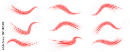 Neon red ribbons flow like liquid, forming glowing abstract shapes. Motion blur emphasizes high-speed energy and kinetic motion. Ideal for tech or cyber visuals.