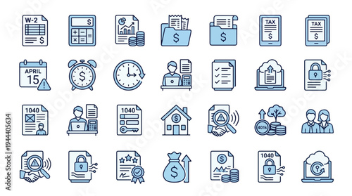 Professional blue line icons for tax preparation, accounting services, IRS filing forms, financial planning, 401k retirement savings, audits, mortgage, and secure data system, tax, finance, business