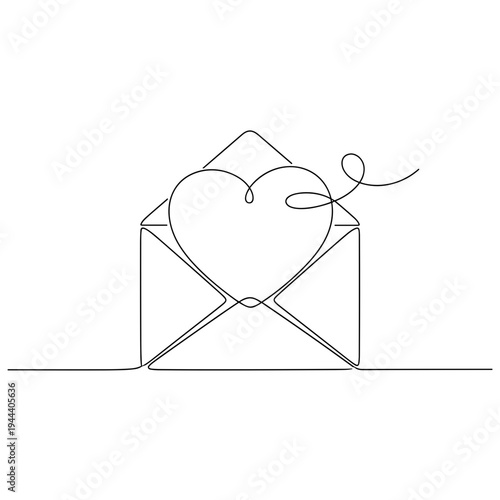 Heart Shape Popping Out of an Open Envelope Continuous Line Drawing, Minimalist Illustration for Love Letter, Valentine Day, Romantic Message and Invitation