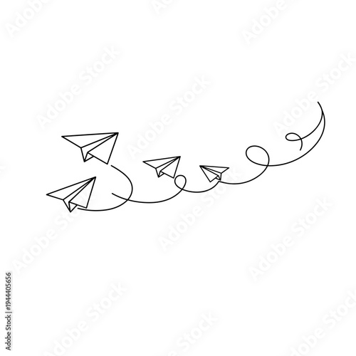 Group of Paper Planes Flying in a Swirl Curve Trajectory Continuous Line Drawing, Concept of Innovation, Teamwork, Leadership, Ambition and Creative Vision